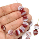 10mm white red coin czech glass beads, round tablet shape pressed beads 25Pc