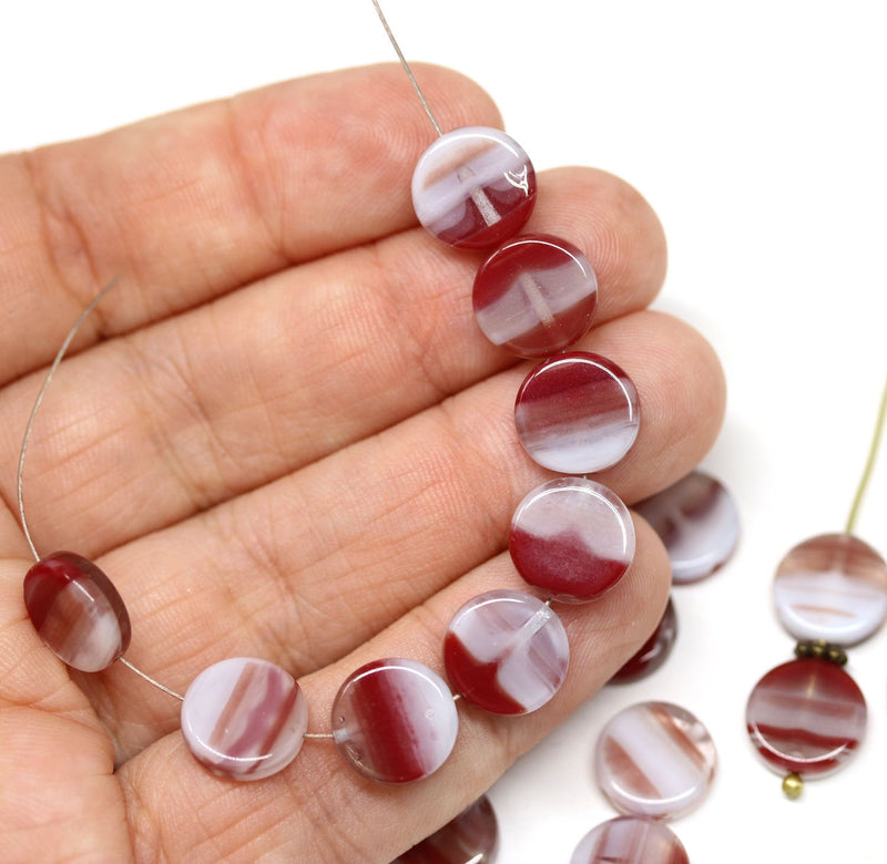 10mm white red coin czech glass beads, round tablet shape pressed beads 25Pc