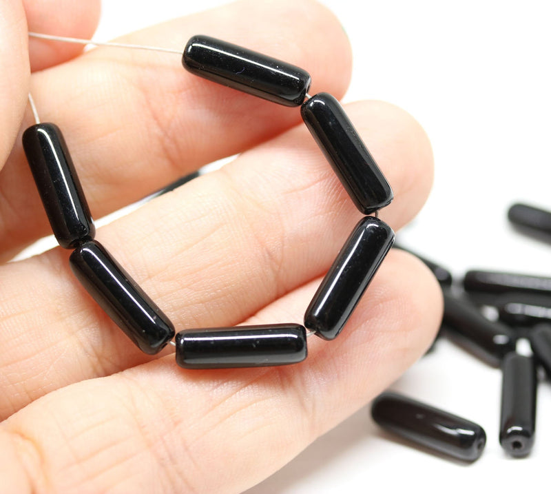 14x4mm Jet black stick czech glass beads, 30pc