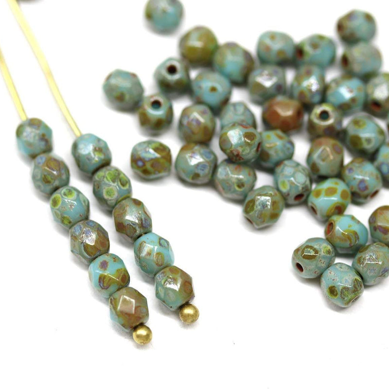 4mm Turquoise green czech glass beads, Picasso finish fire polished round spacers 50Pc