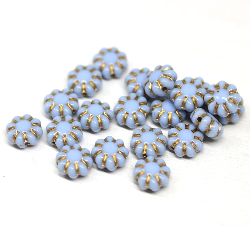 9mm blue daisy flower beads, Golden inlays, czech glass floral beads 20Pc