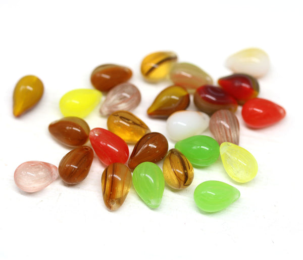 25pc Teardrop beads mix, Brown green czech glass top drilled drops  - 6x9mm