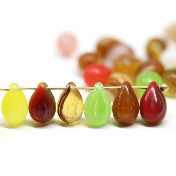25pc Teardrop beads mix, Brown green czech glass top drilled drops  - 6x9mm