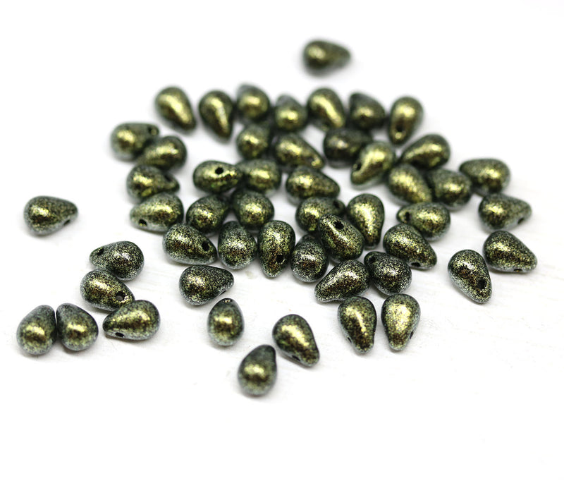 4x6mm Tiny black gold teardrops, Czech glass pressed drops - 50pc