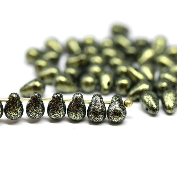 4x6mm Tiny black gold teardrops, Czech glass pressed drops - 50pc