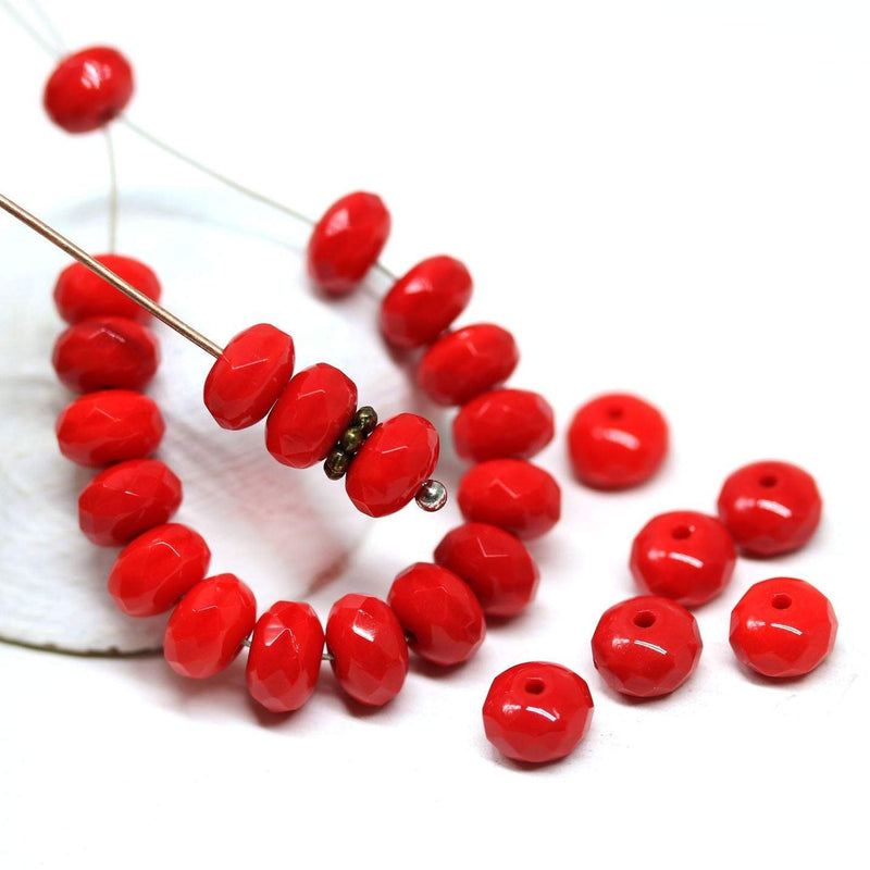 4x7mm Opaque red czech glass rondelle beads, Fire polished - 25pc