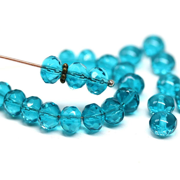 5x7mm Teal Czech glass rondelle spacers, fire polished - 25pc