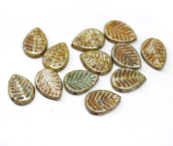 12x16mm Picasso czech glass leaf beads, Brown green side drilled leaves 6pc