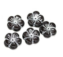 22mm Black large czech glass flower beads, Silver wash 3pc