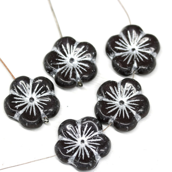 22mm Black large czech glass flower beads, Silver wash 3pc