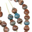 30pc Brown blue glass shell czech beads, Mixed color center drilled - 9mm