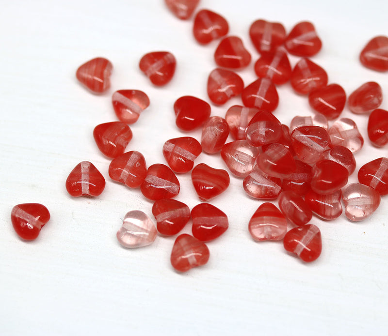 6mm Red heart Czech glass beads, Mixed red clear - 50Pc