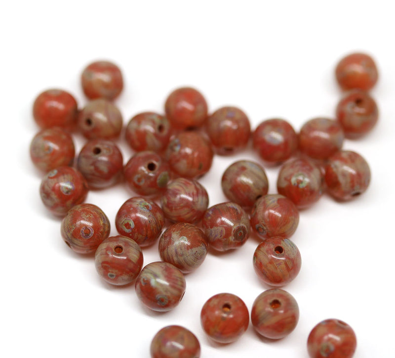 6mm Picasso red czech glass round beads, druk pressed spacers 50Pc