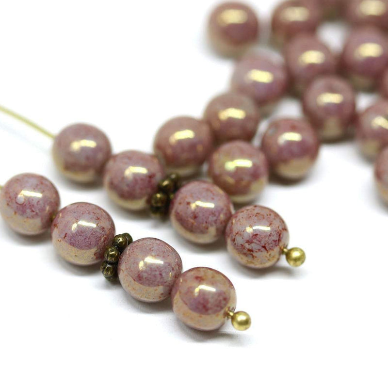 6mm Dusty pink czech glass round beads, Goldish luster, 50Pc