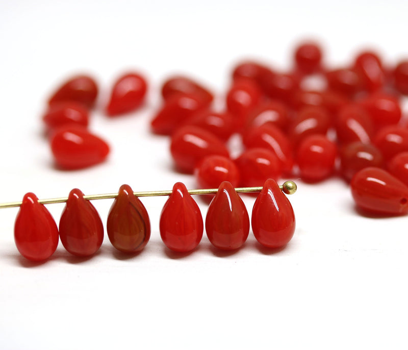 40pc Mixed red czech glass teardrop beads, red top drilled - 6x9mm