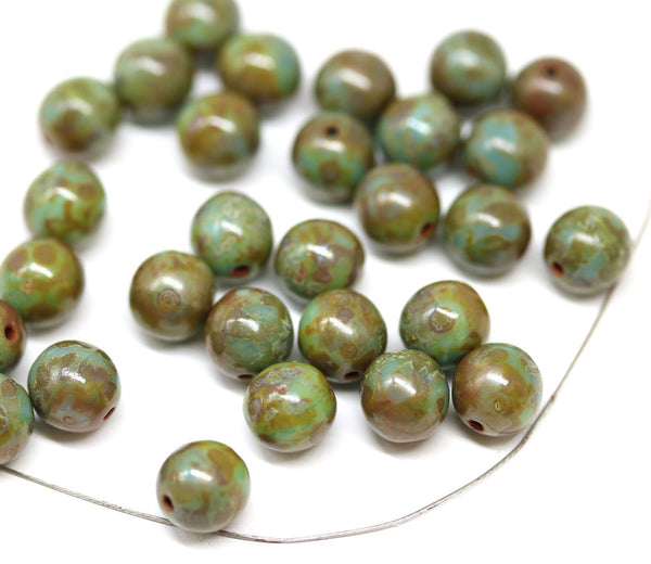 8mm Turquoise green czech glass round beads, Picasso finish 30Pc