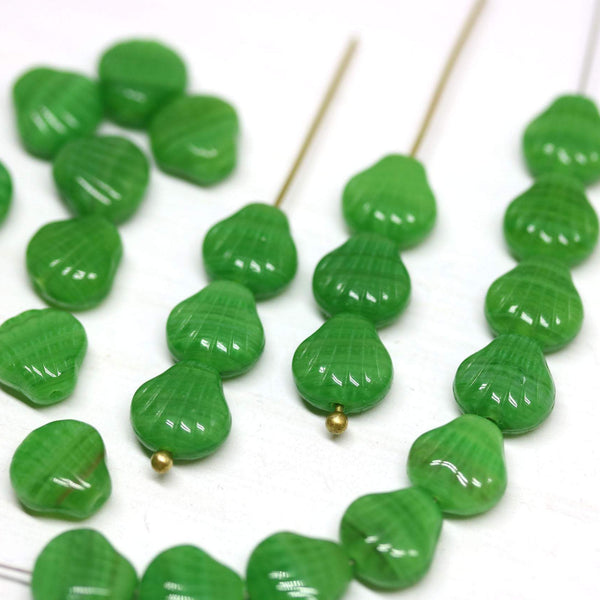 30pc Opaque green czech glass shell beads, center drilled
