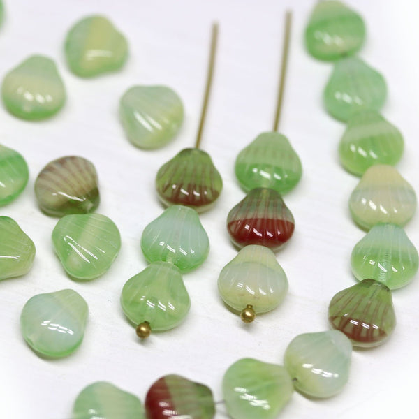 30pc Light green czech glass shell beads center drilled - 9mm