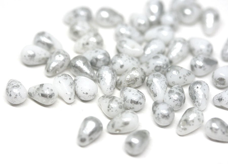 4x6mm White silver small drops Silver wash czech glass  - 50Pc