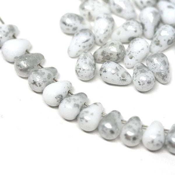 4x6mm White silver small drops Silver wash czech glass  - 50Pc