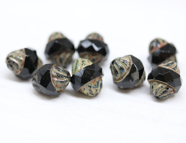 11x10mm Black turbine beads, Picasso finish Czech glass fire polished bicone faceted beads 8pc