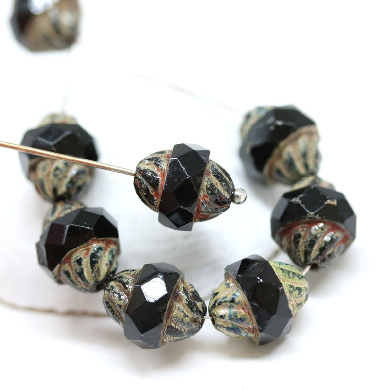 11x10mm Black turbine beads, Picasso finish Czech glass fire polished bicone faceted beads 8pc