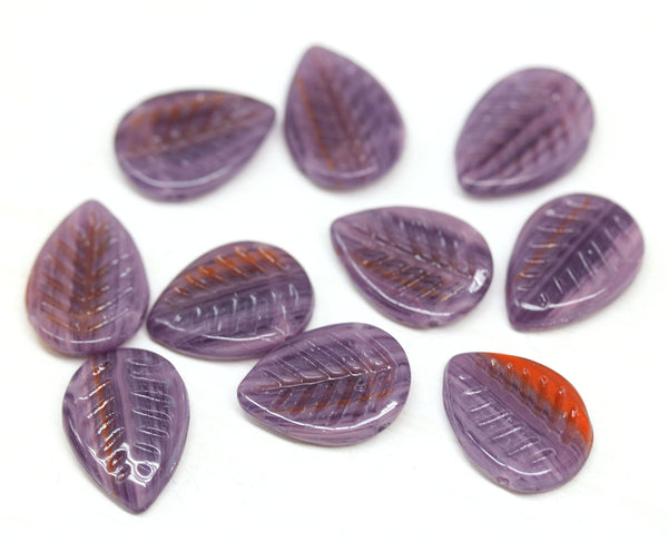 12x16mm Purple side drilled leaf beads, Purple red glass leaves czech glass beads 10pc