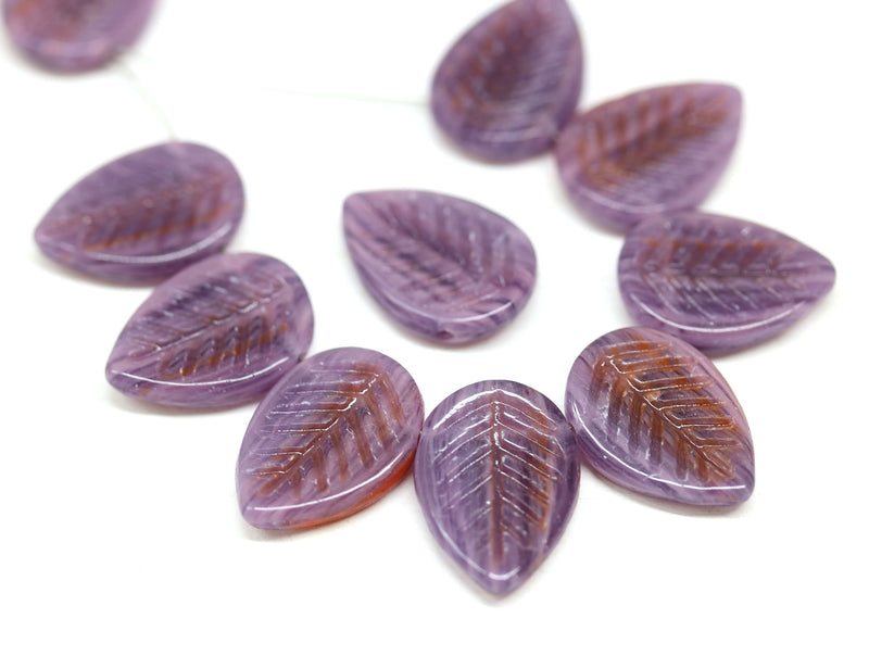 12x16mm Purple side drilled leaf beads, Purple red glass leaves czech glass beads 10pc