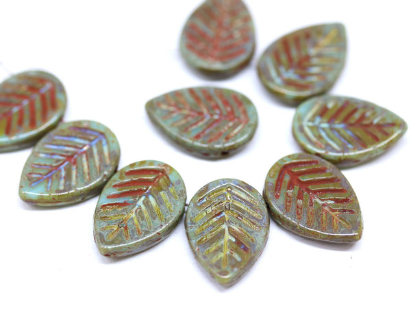 12x16mm Turquoise green picasso finish side drilled leaf beads, 10pc