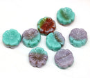 14mm Purple green pansy flower, Czech glass flat daisy beads - 8Pc