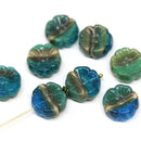 14mm Blue green pansy flower, Czech glass flat daisy - 8Pc