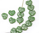 11x13mm Green leaf beads, Silver flakes wash Czech glass maple leaves pressed beads - 20pc