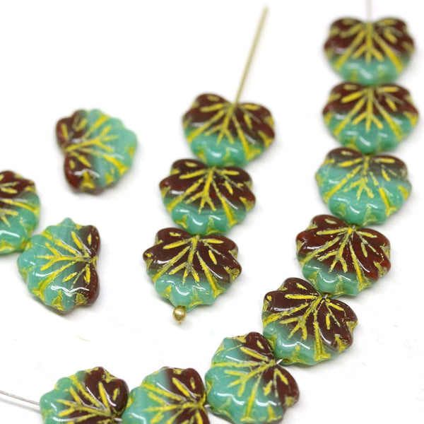 11x13mm Green brown leaf beads, Yellow inlays Czech glass maple leaves 20pc