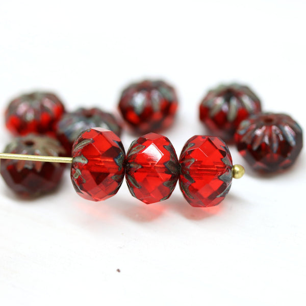 7x10mm Ruby red rondelle  Czech glass beads, Picasso crueller - 10Pc