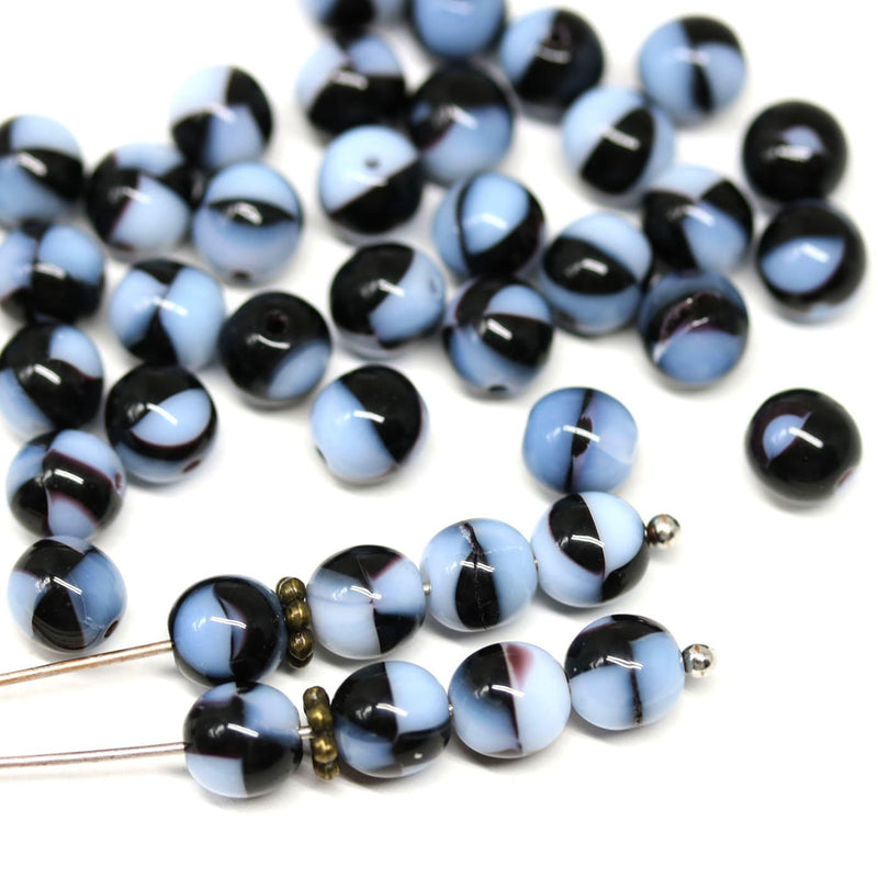 6mm Blue black czech glass round druk beads - 50pc