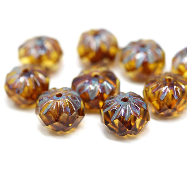 7x10mm Amber topaz rondelle Czech glass beads, Picasso - 10Pc