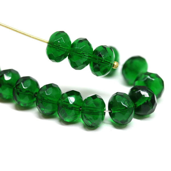 6x9mm Emerald green Czech glass rondelle beads - 15Pc