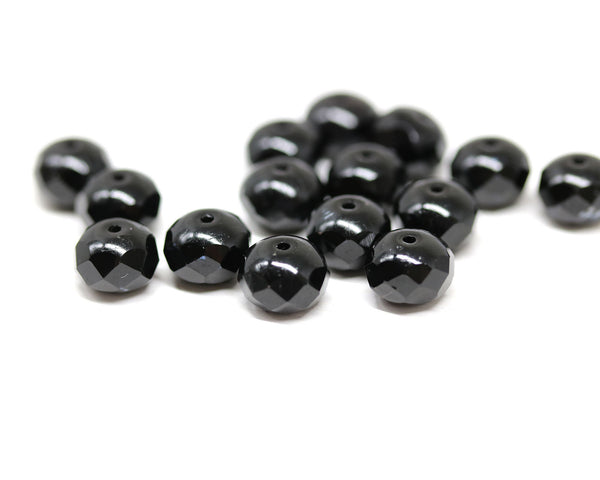 6x9mm Jet black Czech glass fire polished rondelle beads - 15Pc