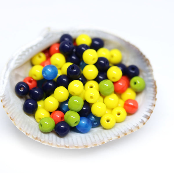 4mm Yellow dark blue multicolor czech glass round druk beads mix approx.160Pc
