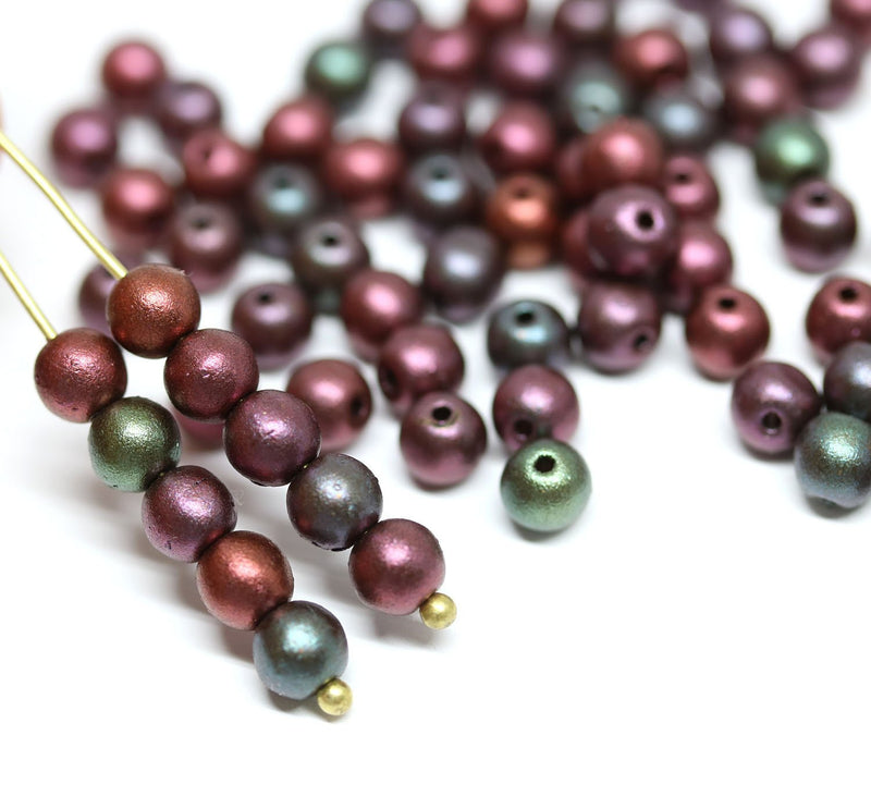 5mm Matte metallic round druk beads mix, Purple green Czech glass spacers - about 80Pc