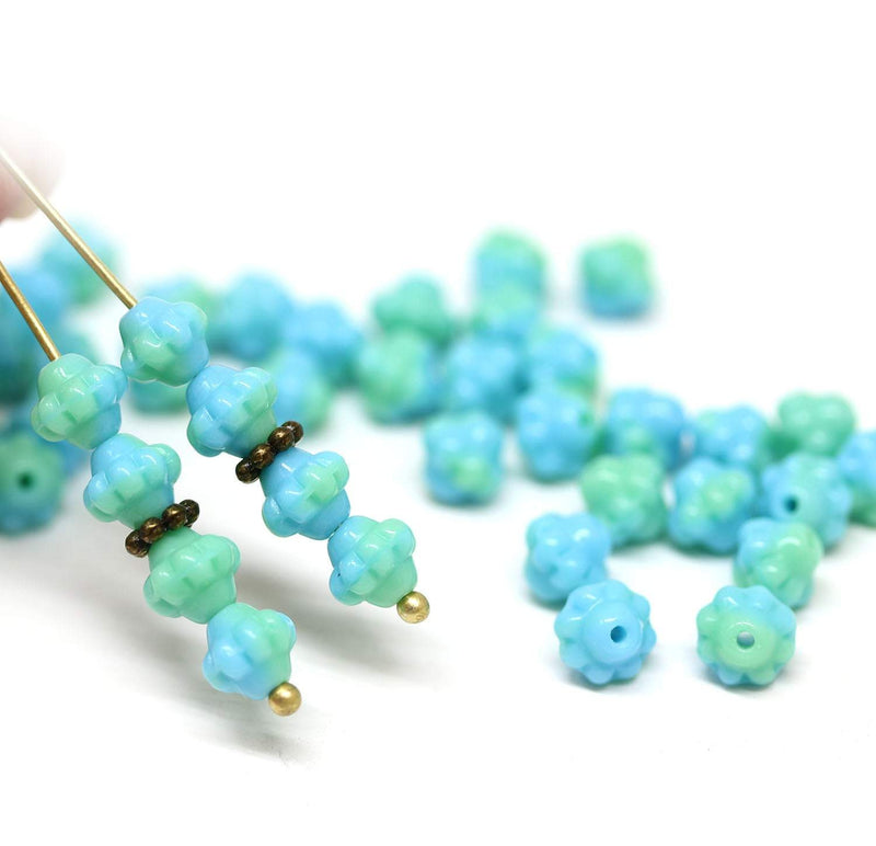 6mm Blue green fancy bicone beads, Czech glass - 70pc