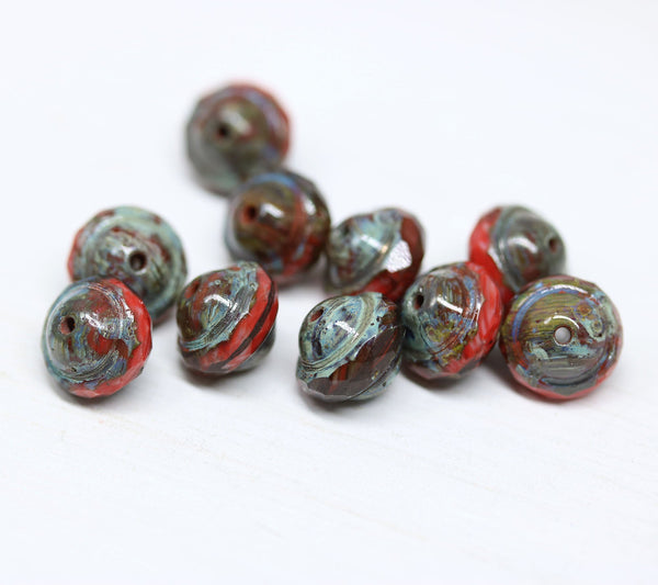 8x10mm Red mixed saucer czech glass beads, Picasso finish - 10pc