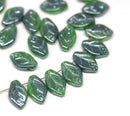 12x7mm Mixed green leaf beads, Silver luster Czech glass leaves - 50pc