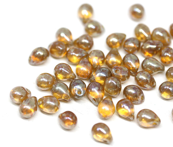70pc Picasso topaz teardrops, czech glass top drilled drop beads - 5x7mm