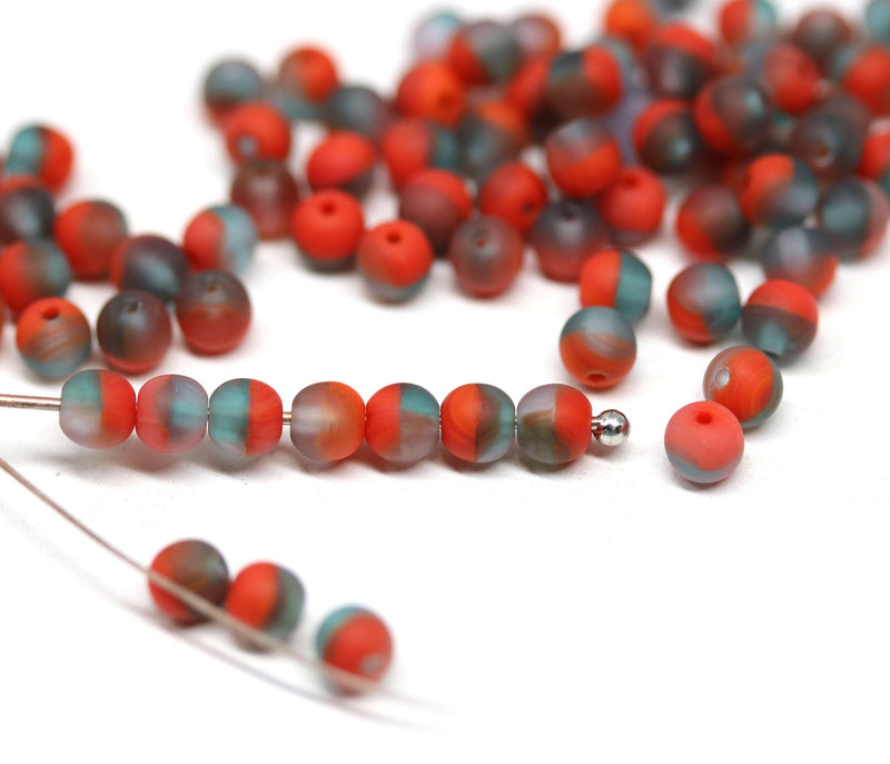 4mm Red gray mixed color round druk beads, Matte finish - approx.100Pc