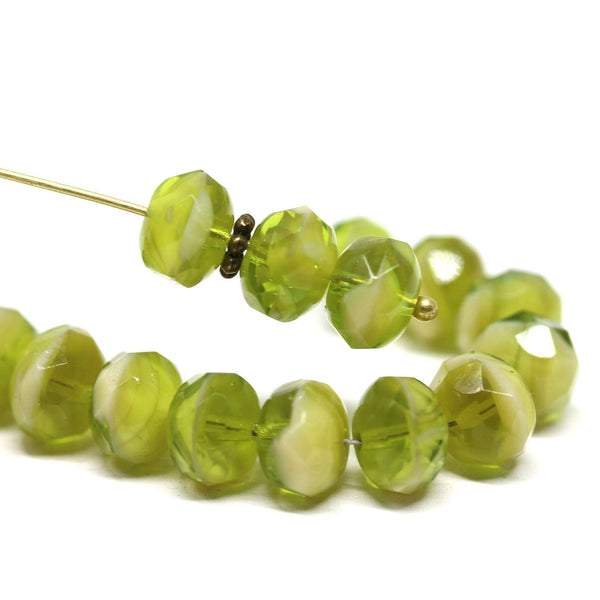 6x8mm Green beige czech glass donut rondelle beads - 15pc