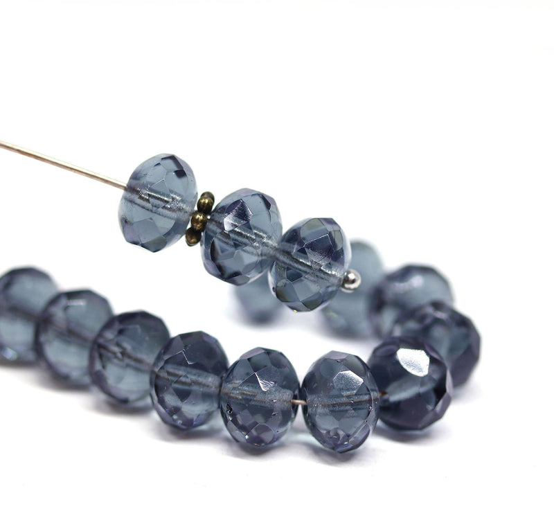 6x9mm Gray blue Czech glass fire polished rondelle beads - 15Pc