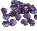 11x13mm Blue brown leaf beads, Purple inlays Czech glass maple leaves pressed beads - 20pc