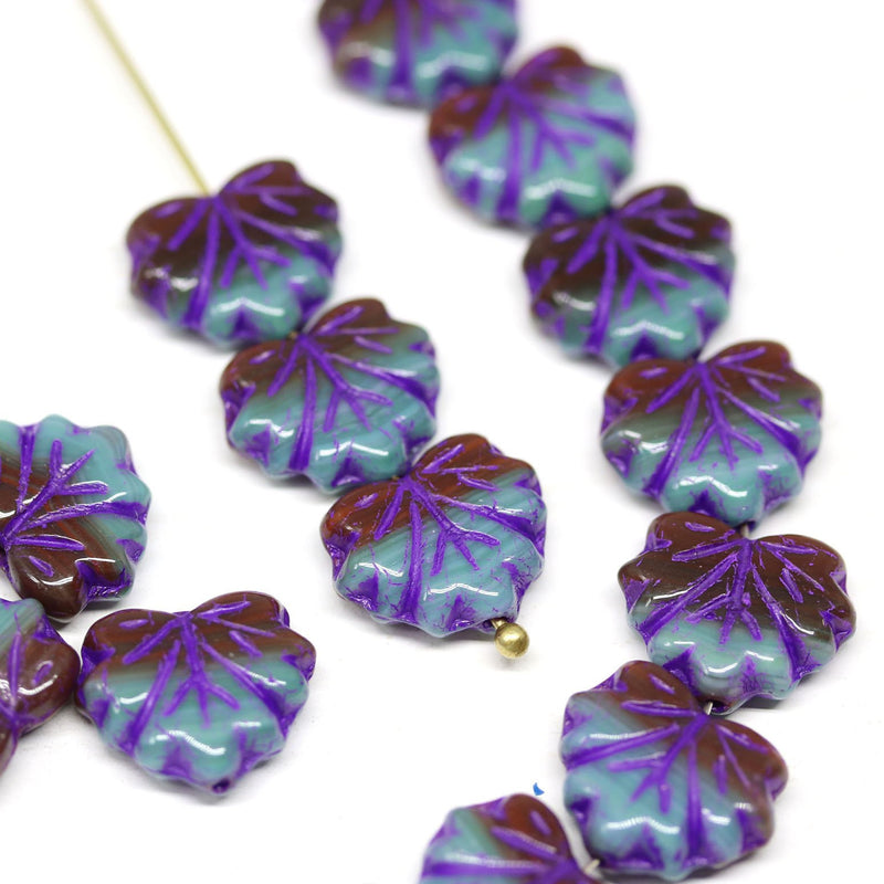 11x13mm Blue brown leaf beads, Purple inlays Czech glass maple leaves pressed beads - 20pc