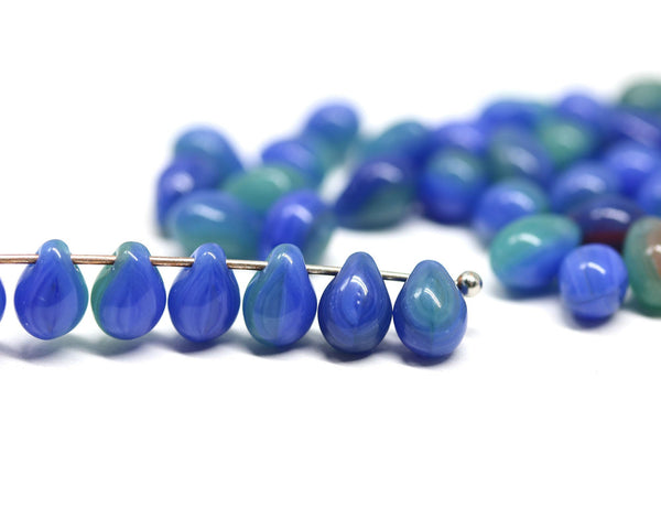 70pc Blue green teardrops, czech glass top drilled drop beads - 5x7mm